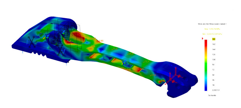 Finite element analysis of a ski boot buckle lever.