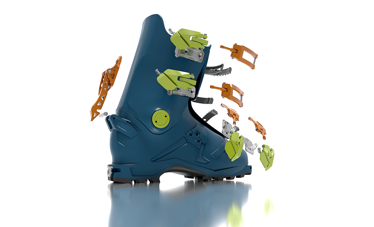 Disassembled ski boot with individual components.