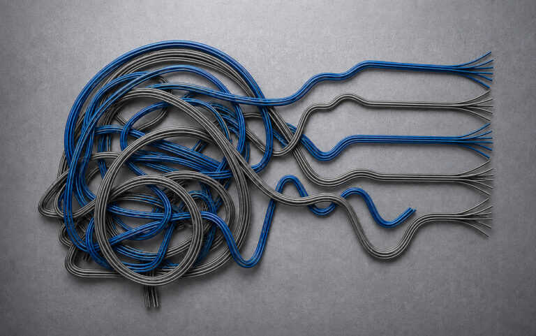a head formed by grey and blue metal wires