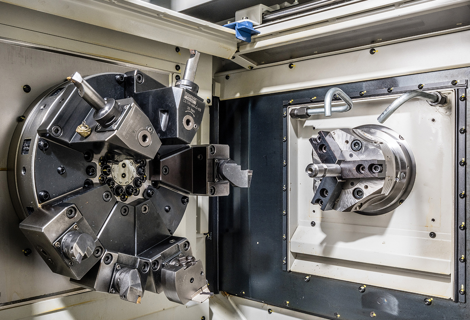 The interior of a multi-spindle CNC machine